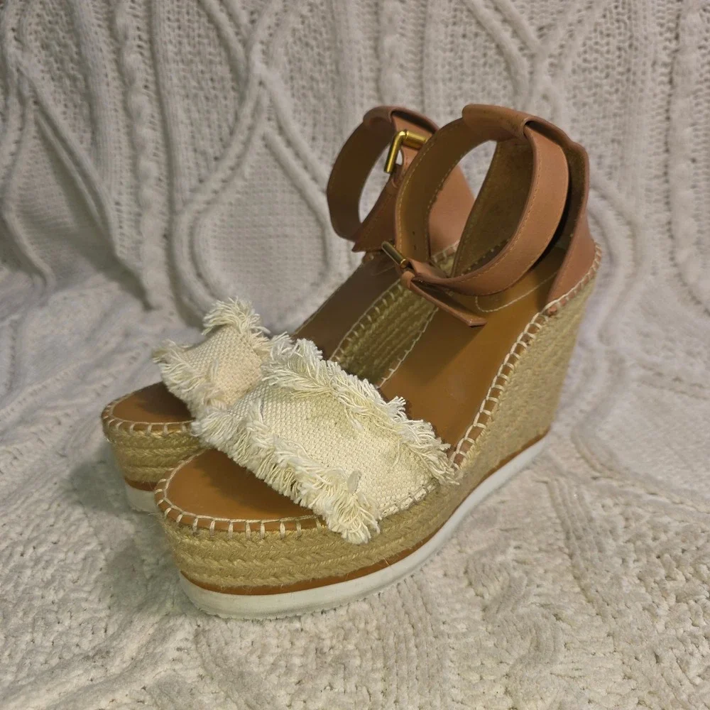 See By Chloe Glyn Espadrille Wedge Sandals Tan Fringed Canvas‎ Womens 38 7.5